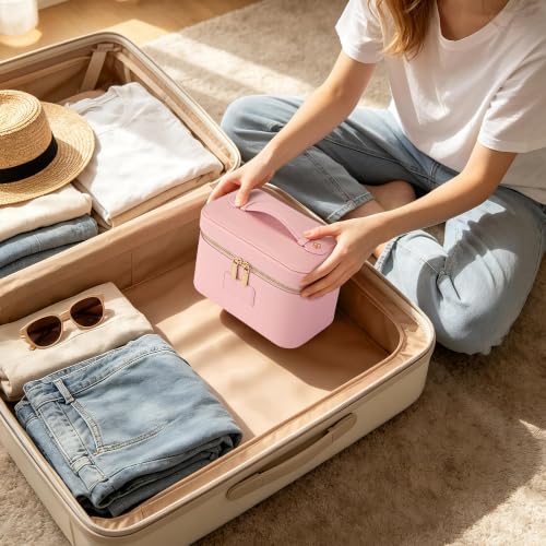 Makeup Bag Travel Toiletry Leather Cosmetic Case, Waterproof Makeup Organizer with Brush Holder, Wipe Clean Removable Divider Vanity Train Bag for Women, Pink - color: Pink