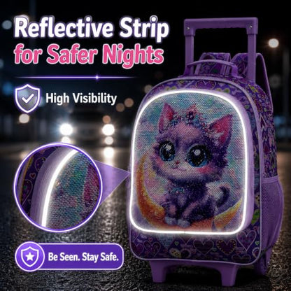 KLFVB Rolling Backpack for Girls Boys, Kids Roller Wheels School Bookbag with Lunch Bag, Wheeled School Bag for Children - color: Reversible Sequins Moon Cat Rolling Backpack Set