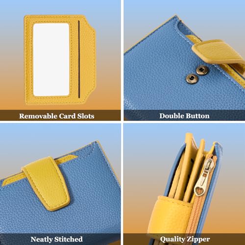 Airkit Small Wallet Women RFID Blocking Soft Leather Bifold Compact Card Holder Wallet for Women with Zipper Coin Pocket 4 ID Window - color: Colorblock - Blue/Yellow