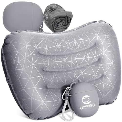 Crisonky Camping Pillow, Inflatable Pillow with 2-in-1 Air Pump Storage Bag - color: Grey