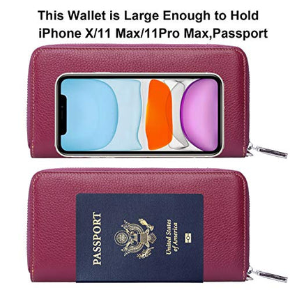 Lavemi Women's RFID Blocking 100% Leather Large Capacity Zip Around Wallet Phone Holder Clutch Travel Purse Wristlet(Large Size Pebbled Dark Magenta) - color: 1- Pebbled Dark Magenta, size: One Size