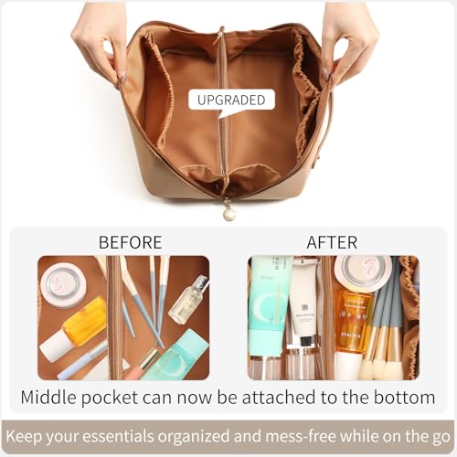 Travel Makeup Bag Cosmetic Bags for Women 3-Set Large Capacity Toiletry Bags with Handle Wide Open Portable Pouch - color: D01-Brown