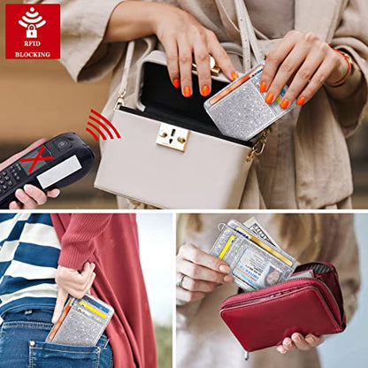 Coco Rossi Credit Card Holder Wallet Women Minimalist Slim Pocket Card Case - color: Glitter Silver