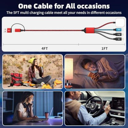 Travel Essentials Dual IP 4in2 Multi Charging Cable for iWatch Charger, 5FT - color: Red&Black&Light Blue, size: AC to 2C+L+iWatch
