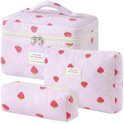 HBselect Quilted Makeup Bag, 3Pcs Cotton Large Travel Makeup Bags Organizer - color: A-3PCS-Floral 47