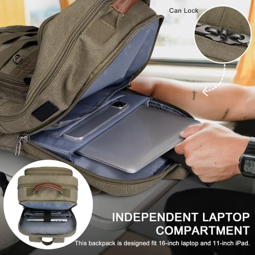 WITZMAN Canvas Travel Backpack for Men Multiple Pockets - color: Army Green