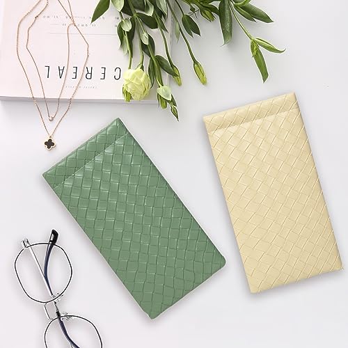 Squeeze Top Sunglass Pouch - Portable Sunglass Organizer Pouch Bags Soft PU Leather Glasses 2 Pack - color: Matcha Green-light Beige