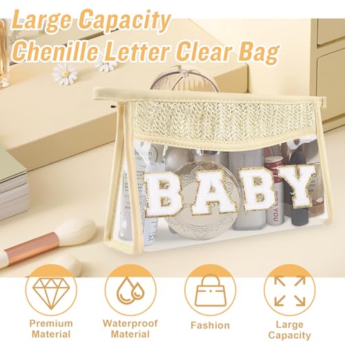 Cute Boho Patch Baby Bag Clear Makeup Letter Bag, Waterproof Zipper Make up Bags Toiletry Pouch for Women Girls, Clear Letter Patch Cosmetic Bags Transparent Organizer Pouch for Travel(Baby, Beige) - color: Baby-Beige