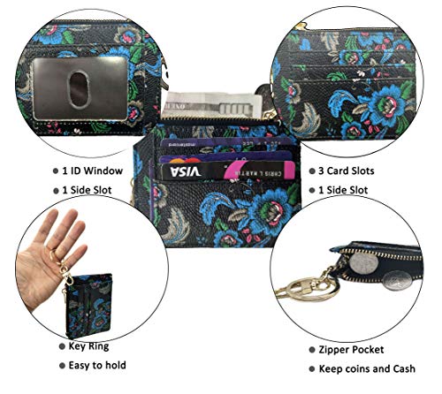 woogwin Slim RFID Credit Card Holder for Women Mini Front Pocket Wallet Purse With Keychain - color: FlowerBlack