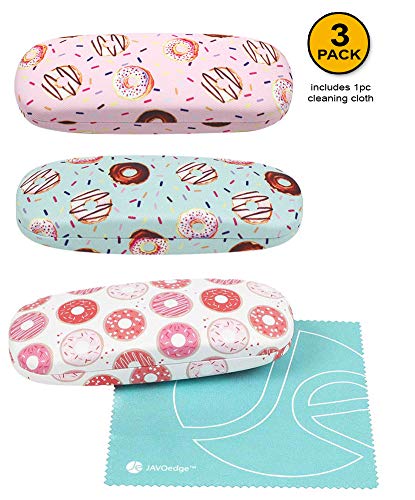 JAVOedge [4 PACK / 3 PACK], Printed Pattern Durable Hard Clamshell Eyeglass Case with Bonus Microfiber Cloth - color: Donuts Pattern, size: 3 PACK