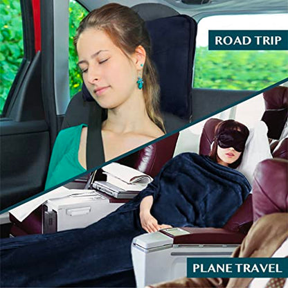 PAVILIA Compact 2-in-1 Travel Blanket Pillow for Airplane Flight, Navy Blue - color: Navy
