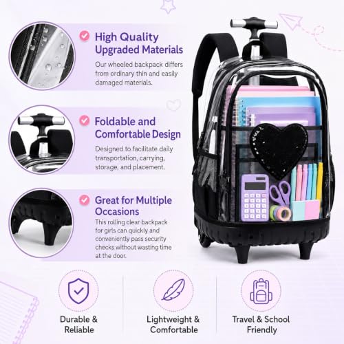 AGSDON Chic Sequin Rolling Clear Backpack Set – 20" Transparent Wheeled Bookbag with Large Front Pocket for School, Daily Commute & Leisure | Black Fashion-Forward Organizer - color: Love Sequin Rolling Backpack Black