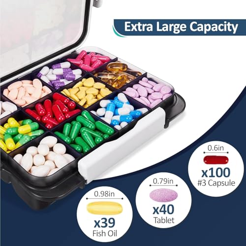 Fullicon Moisture Proof Travel Pill Organizer, 12 Large Compartments, Black