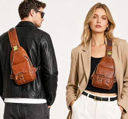 Genuine Leather Hiking Travel DayPack Sling Crossbody Triangle Chest Pack Bag For Men Women 8241 (E-Brown) - color: E-Brown
