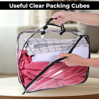 6 Pcs clear packing cubes, Large clear packing cubes for Travel, PVC Transparent Storage Bags with Handle, Waterproof Vinyl Organizer for Suitcase Clothes, Sweaters, Shirts, and Travel Essentials