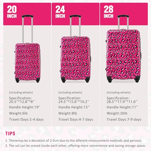 Merax Luggage Sets 3 Piece,Suitcase Set with Spinner Wheels 20/24/28 INCH | Hardside PC Expandable Lightweight Leopard Suitcase with Carry on Luggage,Leopard Hot Pink - color: Leopard Hot Pink, style: Luggage-20/24/28