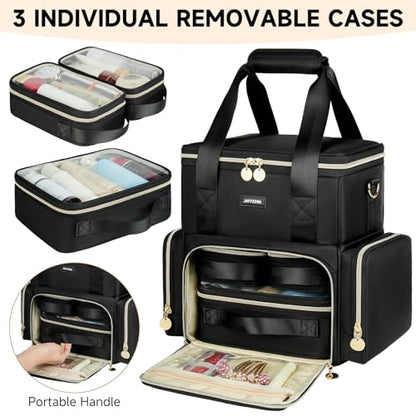 Extra Large Makeup Bag with 3 Removable Cases, Double Layers Travel Cosmetic Storage Organizer Bag with Detachable Dividers, Black - color: Black01
