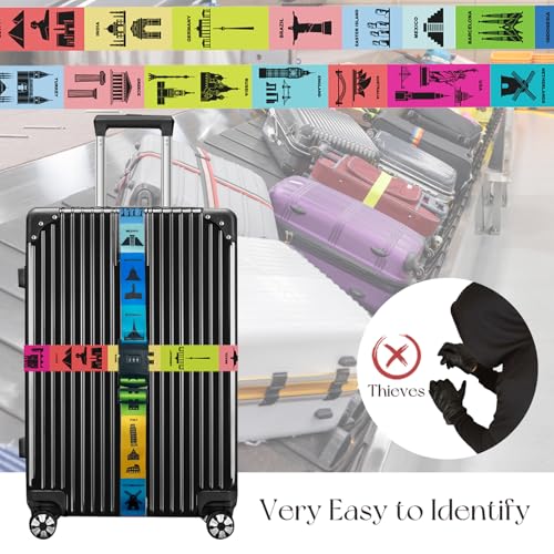 SNAIL GARDEN 2 PCS Custom Luggage Straps with Landmark Patterns, Luggage Straps for Suitcases with Locks, Packing Belt for Mark Luggage, Adjustable Suitcase Straps Luggage Strap (Multi-Color)