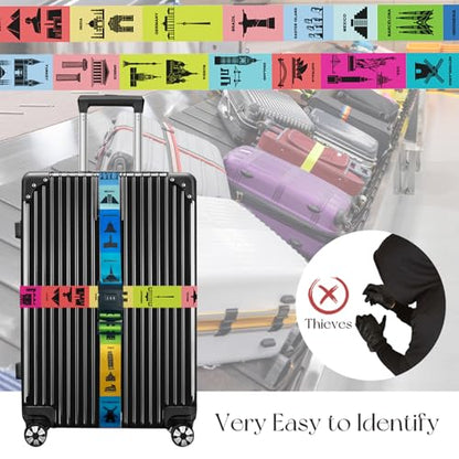 SNAIL GARDEN 2 PCS Custom Luggage Straps with Landmark Patterns, Luggage Straps for Suitcases with Locks, Packing Belt for Mark Luggage, Adjustable Suitcase Straps Luggage Strap (Multi-Color)