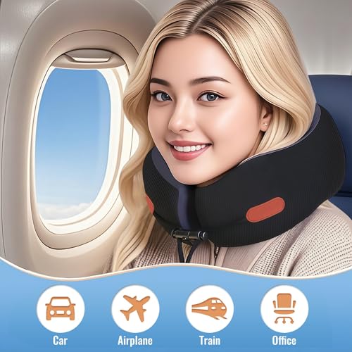 Travel Pillow, Memory Foam Neck Pillow for Airplanes, Includes Eye Mask & Ear Plugs, Ergonomic Design, 360° Support Stowable Pillows for Plane, Car, Train and Home, Black