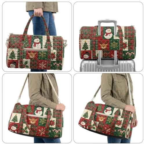 Youngerbaby Patchwork Christmas Quilted Travel Duffle Bag for Women - color: Plaid Snowman Reindeer