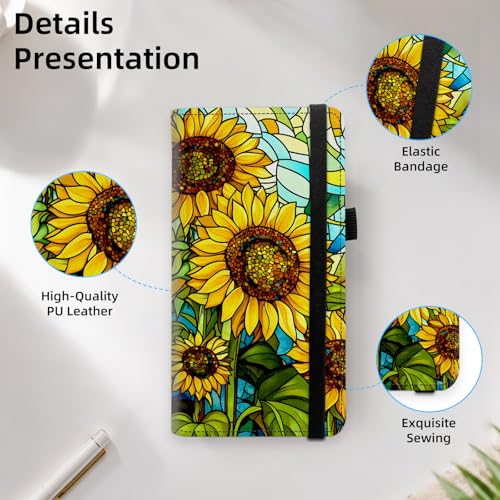 Stained Glass Sunflower Premium Leather Checkbook Cover for Men Women, Multi-Functional Long Wallet with RFID Blocking, Business Card Holder&Pen Loop Slim Design - color: Stained Glass Sunflower