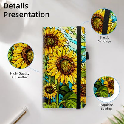 Stained Glass Sunflower Premium Leather Checkbook Cover for Men Women, Multi-Functional Long Wallet with RFID Blocking, Business Card Holder&Pen Loop Slim Design - color: Stained Glass Sunflower