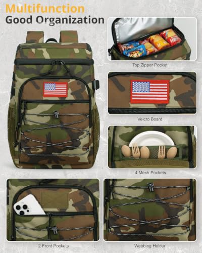 25L Insulated Cooler Backpack Water-Resistant Molle Cooler Bag for Camping - color: Camo Green