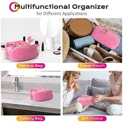 BYOOTIQUE Plush Makeup Bag Open Flat Travel Toiletry Accessories w/Handle - color: Pink, size: S