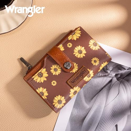 Wrangler Wallet for Women Bifold Card Holder with Zipper and ID Window - color: Daisy-Brown
