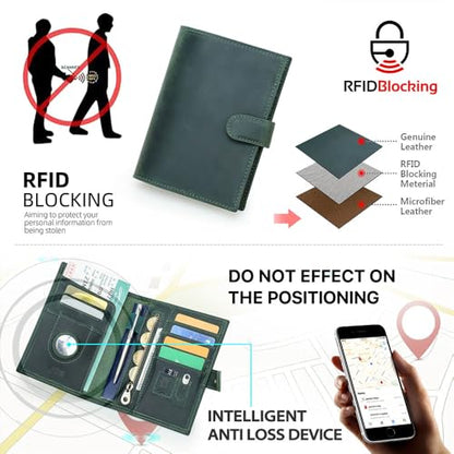 CONTACTS 풀 그레인 가죽 에어태그 여권 홀더 RFID 차단 여행용 여권 지갑 핸드메이드, 다크 그린., 플레인 스냅 - color: 다크 그린., style: 플레인 스냅
