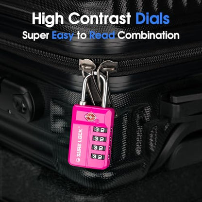 SURE LOCK TSA Approved 4-Digit Resettable Combination Luggage Locks with Open Alert, Easy-Read Dials - for Luggage, School Lockers, Gym, Office, Toolbox & Security Cases (Pink 2 Pack) - color: PINK 2 PACK