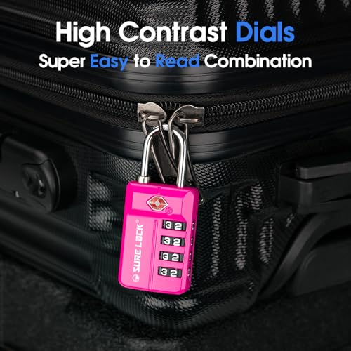 SURE LOCK TSA-Approved 4-Digit Resettable Combination Lock with Open Alert, Easy-Read Dials - for Luggage, School Lockers, Gym, Office, Toolbox & Security Cases (Pink 4 Pack) - color: 17021PINK 4PACK