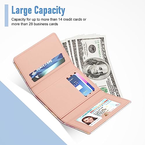 Rouidr Womens Wallet, Small Slim RFID Card Wallets for Women, Cute Front Pocket Trifold Leather Card Organizer with 7 Slots & ID Window, Gold Pink Marble - color: Gold Pink Marble