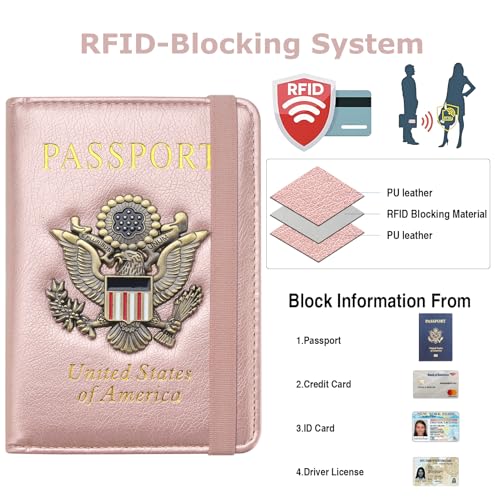 Premium Passport Holder for Travel RFID Blocking Passport Cover Slim - color: Rose Gold