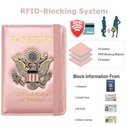 Premium Passport Holder for Travel RFID Blocking Passport Cover Slim - color: Rose Gold