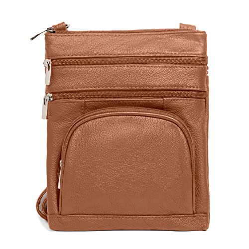 TOVOSO Crossbody Bag for Women, Genuine Leather Multi-Pocket Purse with Adjustable Strap, RFID Protection, Built-In Wallet - color: Light Brown, size: X-Large