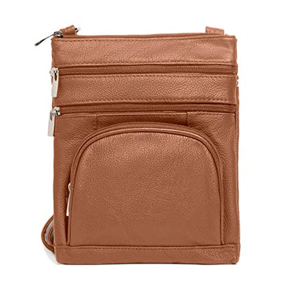 TOVOSO Crossbody Bag for Women, Genuine Leather Multi-Pocket Purse with Adjustable Strap, RFID Protection, Built-In Wallet - color: Light Brown, size: X-Large