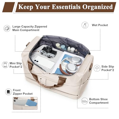 Travel Duffel Bag with Shoe Compartment,Overnight Weekender Bags for Women - color: Beige & Brown