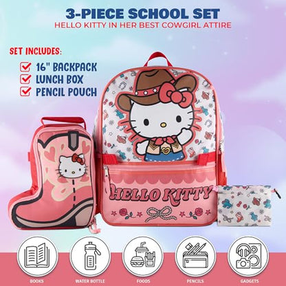AI ACCESSORY INNOVATIONS Hello Kitty Cowgirl Cute 3 PC Backpack Set for Girls, 16” Book Bag with Diecut Insulated “Boot” Box, & Detachable Reusable Tote Dangle - color: Hello Kitty Cowgirl