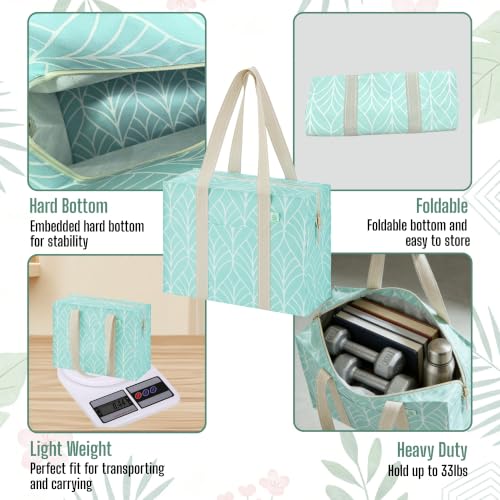 VENO 2 Pack Utility Tote Reusable Grocery Bags with Zipper & Hard Bottom - color: Evergreen, size: 2 Pack