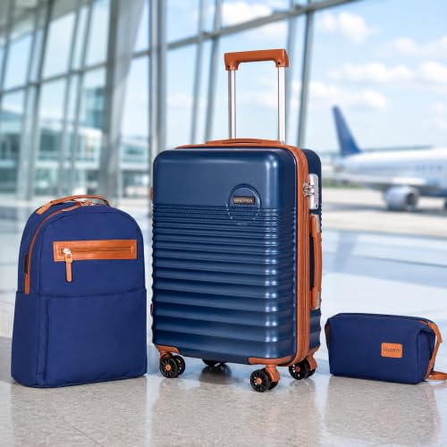 Carry On Luggage 22x14x9 Airline Approved Suitcase with Wheels, 3 Piece - color: Dark Blue, size: 3 Piece Sets (20/BP/TB)