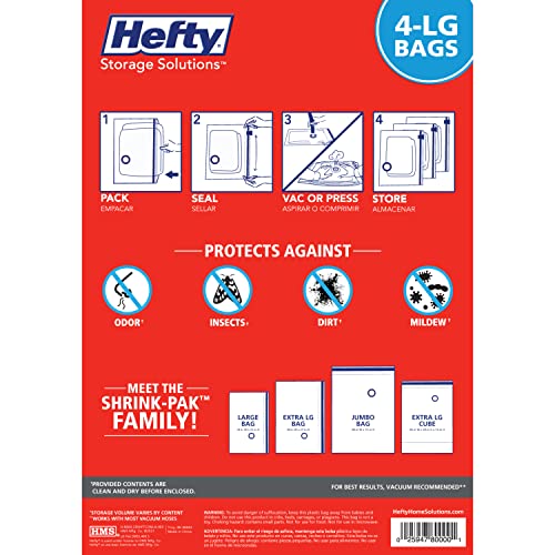 Hefty Shrink-Pak - 4 Large Vacuum Storage Bags for Clothes, Pillows, Towels, or Blankets - Space Saver Vacuum Sealer Bags Ideal Under Bed Storage Solutions - size: Solo, style: 4 Large / Clothing
