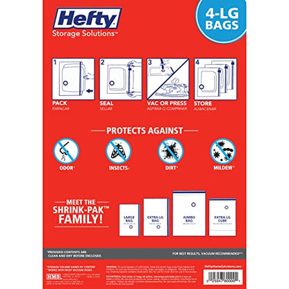 Hefty Shrink-Pak - 4 Large Vacuum Storage Bags for Clothes, Pillows, Towels, or Blankets - Space Saver Vacuum Sealer Bags Ideal Under Bed Storage Solutions - size: Solo, style: 4 Large / Clothing