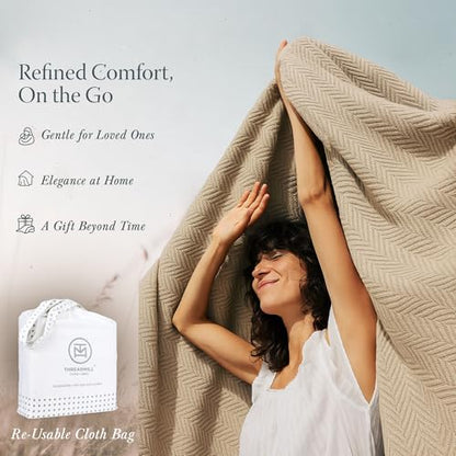 Threadmill Luxury 100% Cotton Queen Herringbone Blanket, Beige - color: Beige, size: Queen (90" x 92")