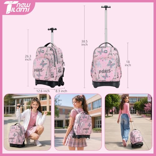 NEW TILAMI 18 Inch Rolling Backpack with Lunch Bag for Girls Boys School - color: Pink Romantic Paris