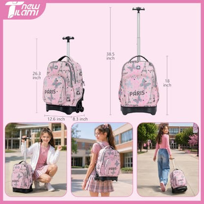 NEW TILAMI 18-Inch Rolling Backpack 6-Wheel for Kids School Travel - color: Pink Paris Cute