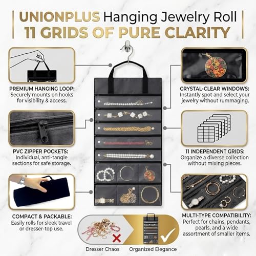 UnionPlus Velvet Jewelry Roll Organizer, 11 Grids, Black - color: Black, size: 11-Grids