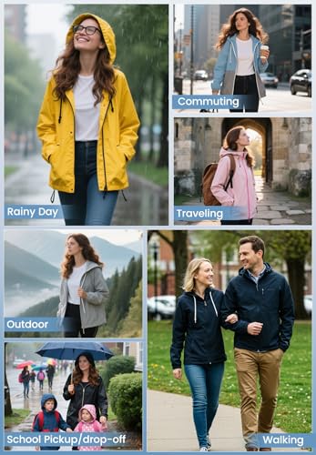Zando Lightweight Rain Jacket Women Packable Waterproof Raincoat with Hood - color: Solid Black, size: XX-Large