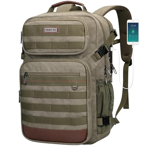 WITZMAN Canvas Travel Backpack for Men Multiple Pockets - color: Army Green